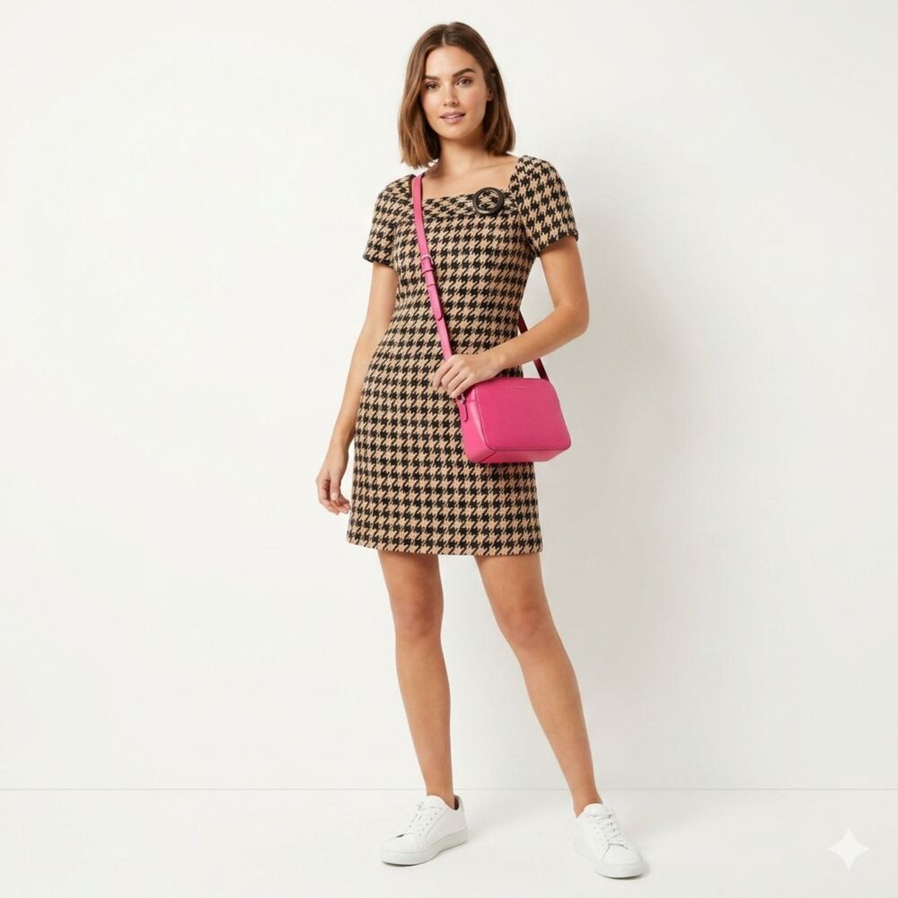 Rabbit Rabbit Rabbit Houndstooth Mini Dress Black Tan Cotton Short Sleeves Retro